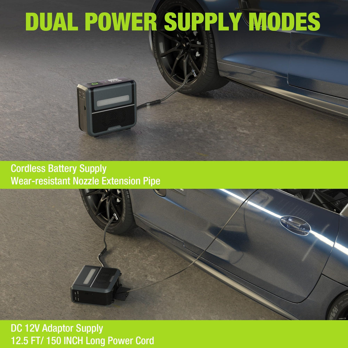 Portable tire inflator with 12V adapter and cord, compact compressor unit