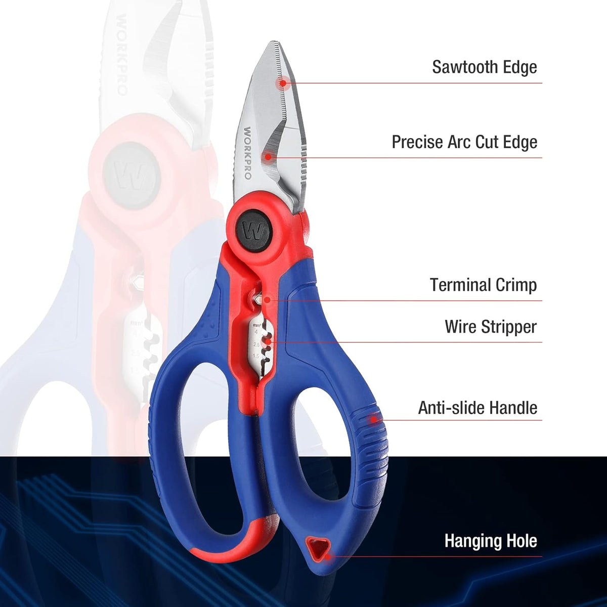 Electrician shears with serrated cutting edges, anti-slip handle, hanging hole
