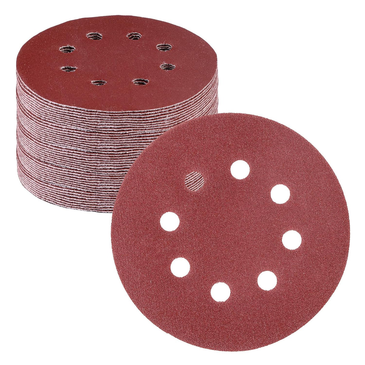 Red circular sanding disc stack with 8-hole pattern for hook-and-loop orbital sanding