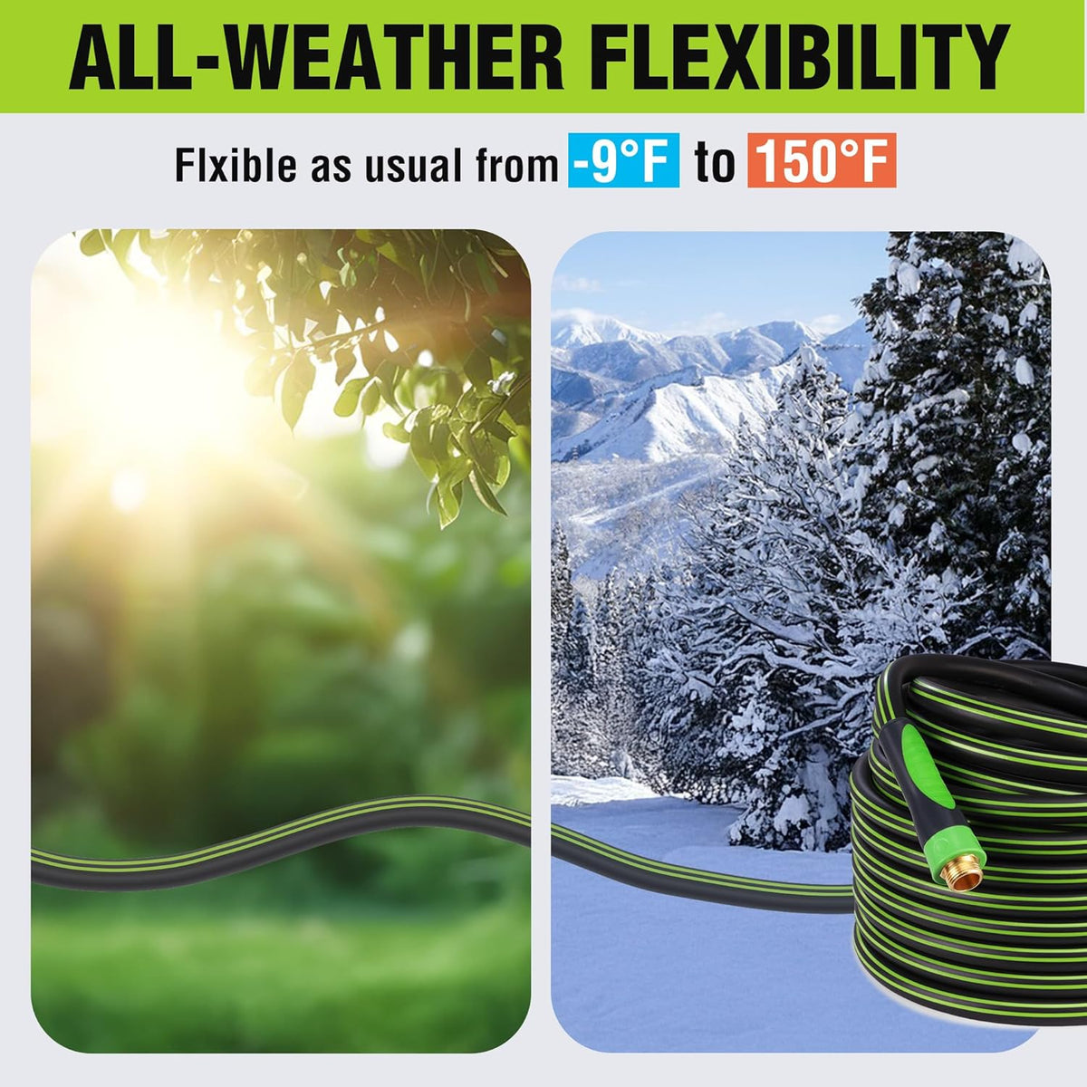 All-weather flexible hybrid garden hose shown coiled in green and black.