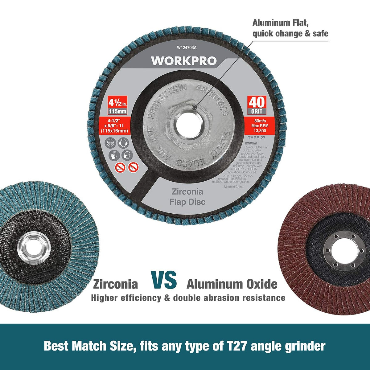 WORKPRO 5 Pack Zirconia flap disc in blue with 40 grit Type 27 for metal grinding, durable and secure