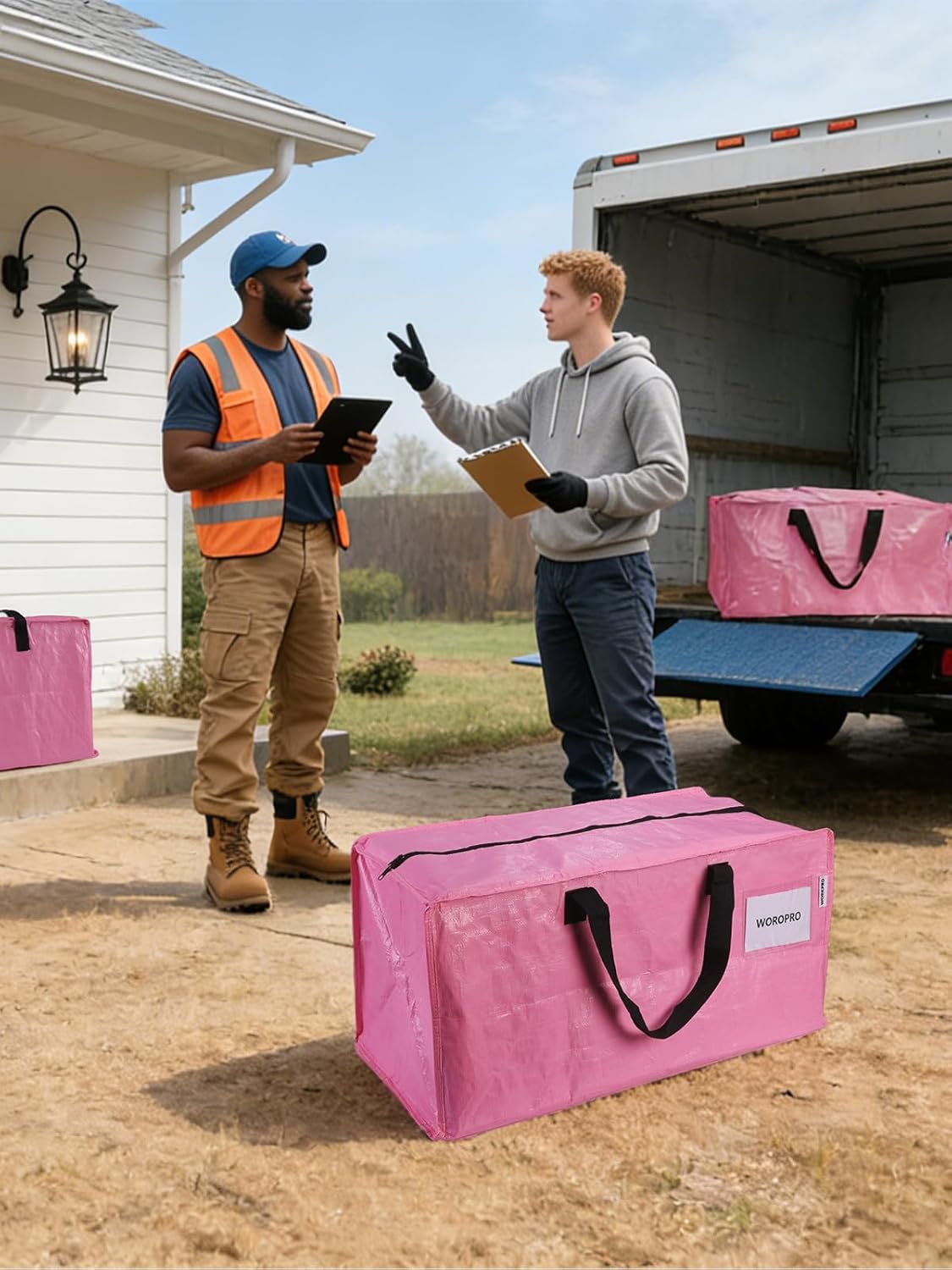 Pink storage tote bag with black handles and zippered top, shown outdoors.
