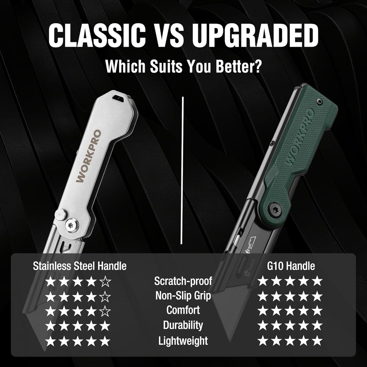Folding utility knife with green G10 handle and compact blade, plus alternate handle