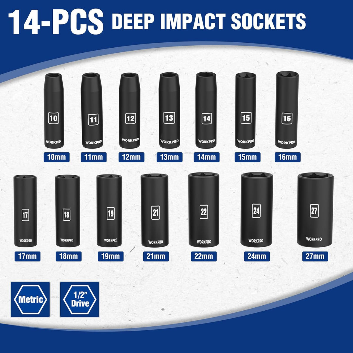 14-piece deep impact socket set, metric 10–27mm, black sockets with size labels