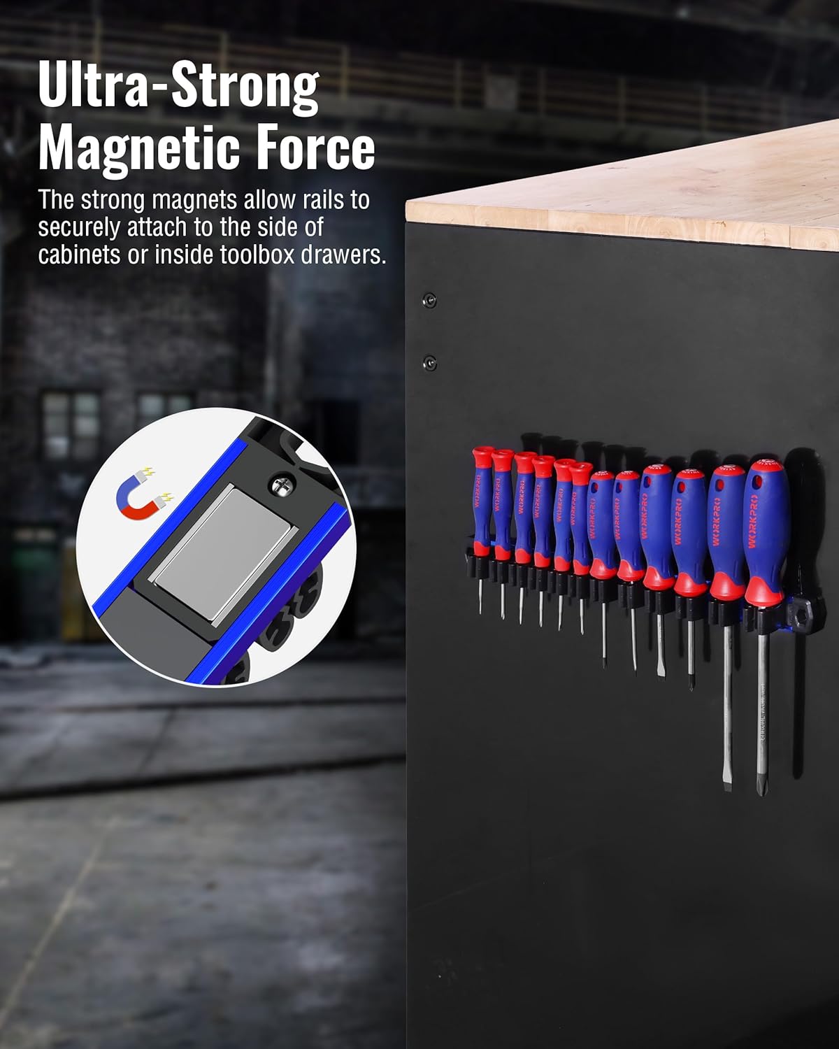 Magnetic tool organizer rail with black base panel and blue/red screwdriver holders