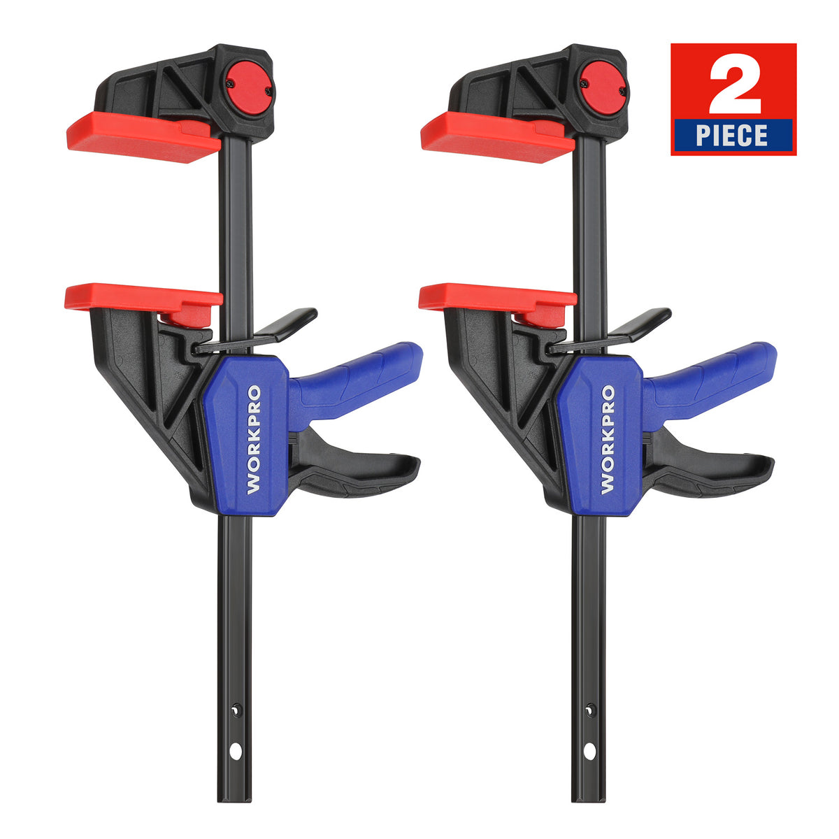 Workpro 6 inch clamps, 2-pack in black, red, and blue with hardened steel construction for secure holding.