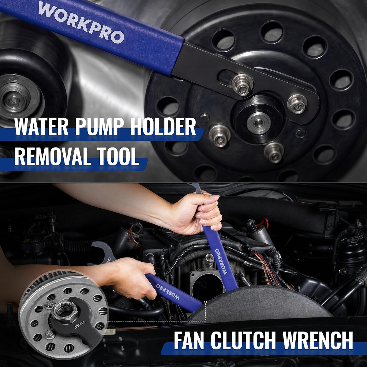 Fan clutch wrench and water pump holder tool on engine front, blue handle