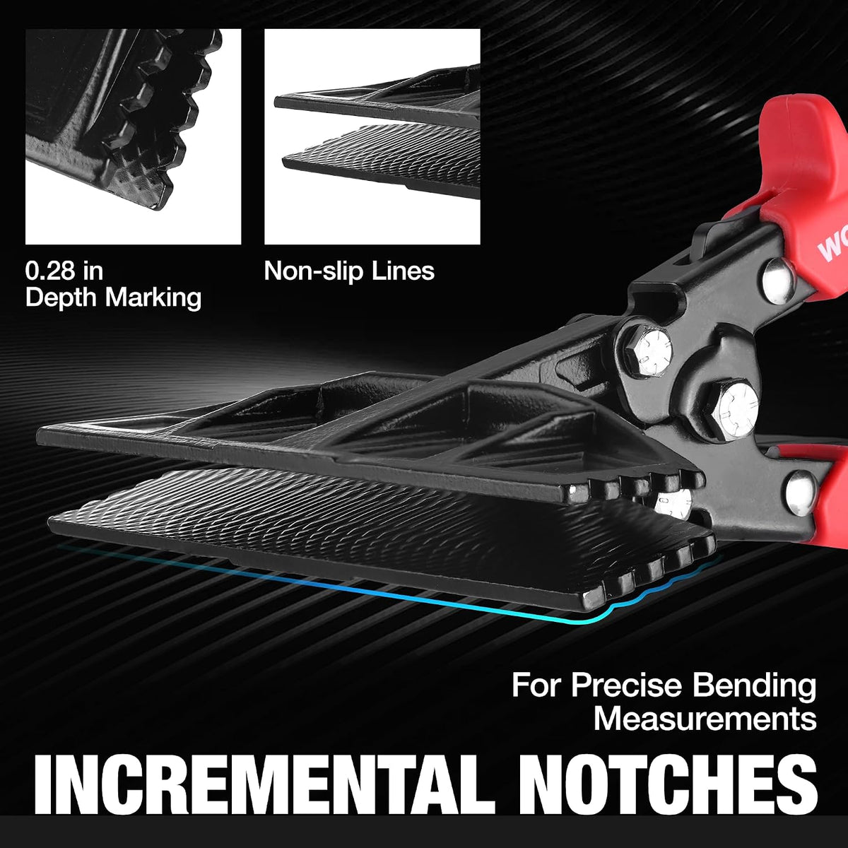 Workpro 6 inch hand seamer tool in black and red with non-slip lines and incremental notches for precise bending