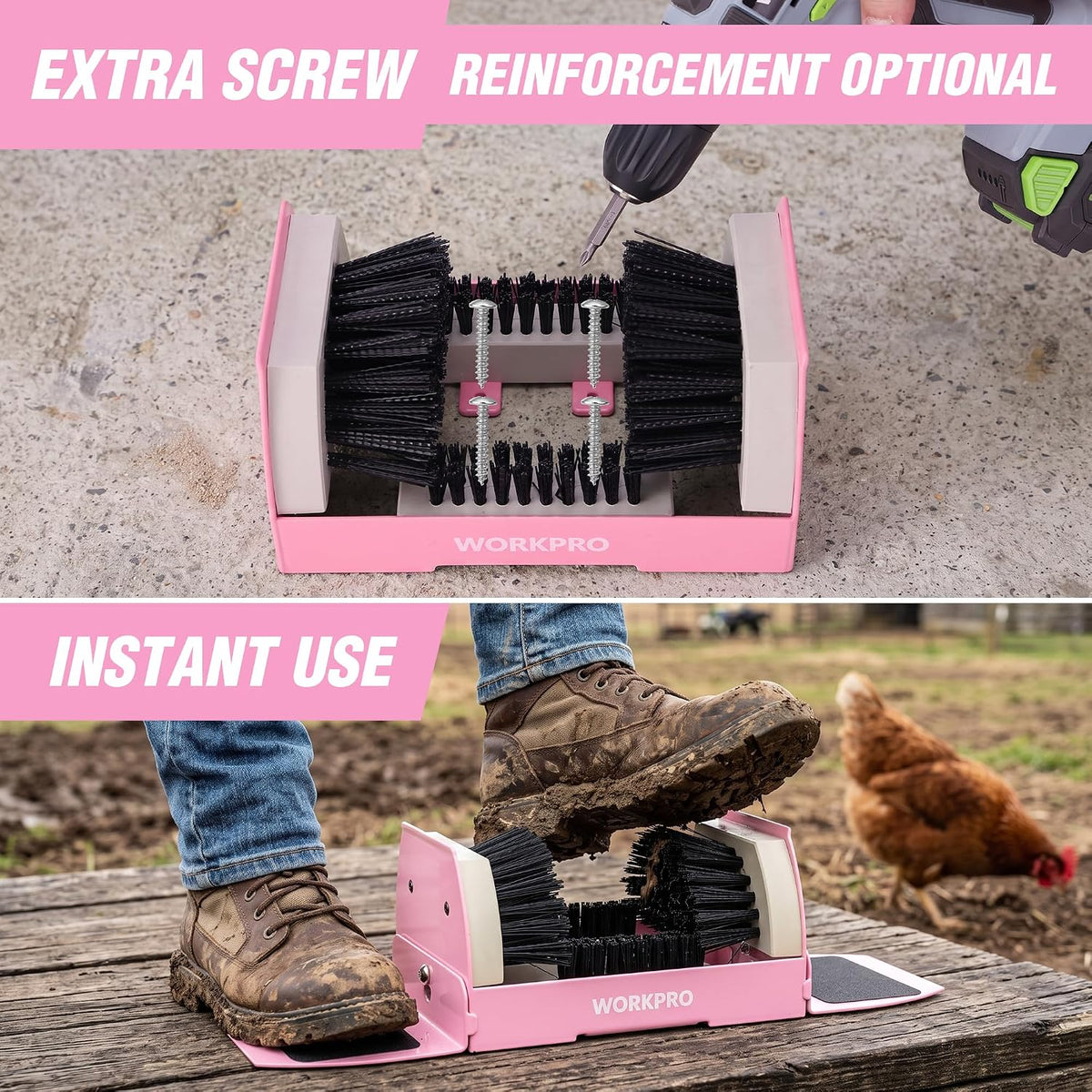 Workpro heavy duty boot cleaner in pink with four sided flexible bristles and a non skid rubber mat for indoor cleaning.