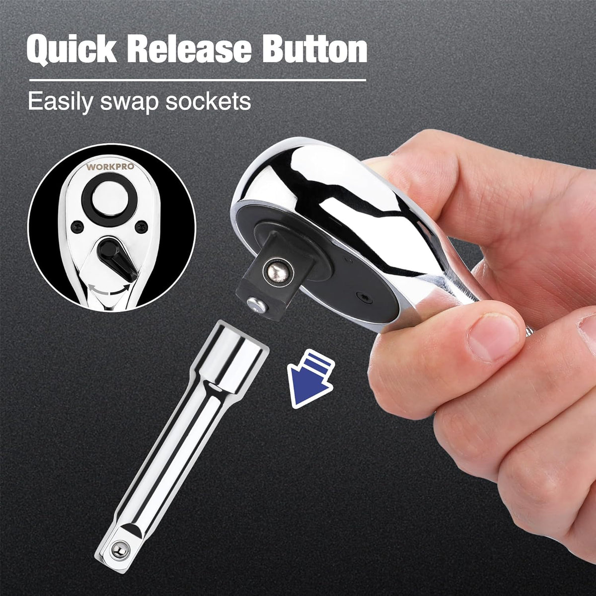 3/8 drive ratchet wrench with quick-release button and socket swap view, polished chrome