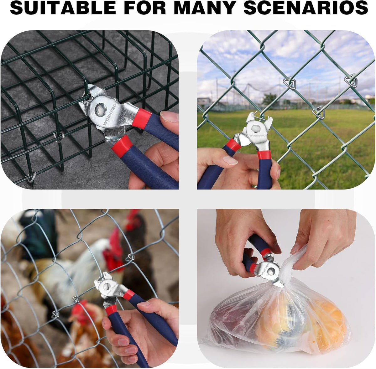 Hog ring pliers fastening hog rings to wire mesh panels; silver clamps with red grips