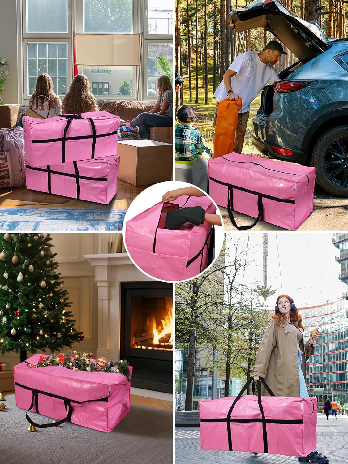 Pink moving storage bags being loaded and carried with black cross straps and handles.