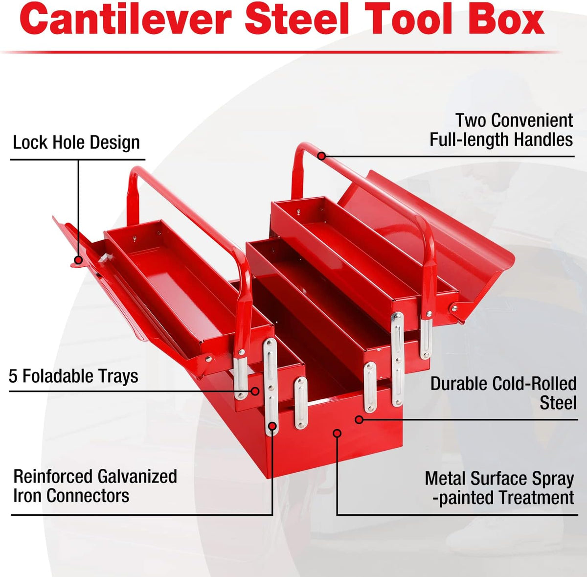 Workpro 18 inch cantilever metal tool box in red with lockable keyhole design and durable carbon steel construction