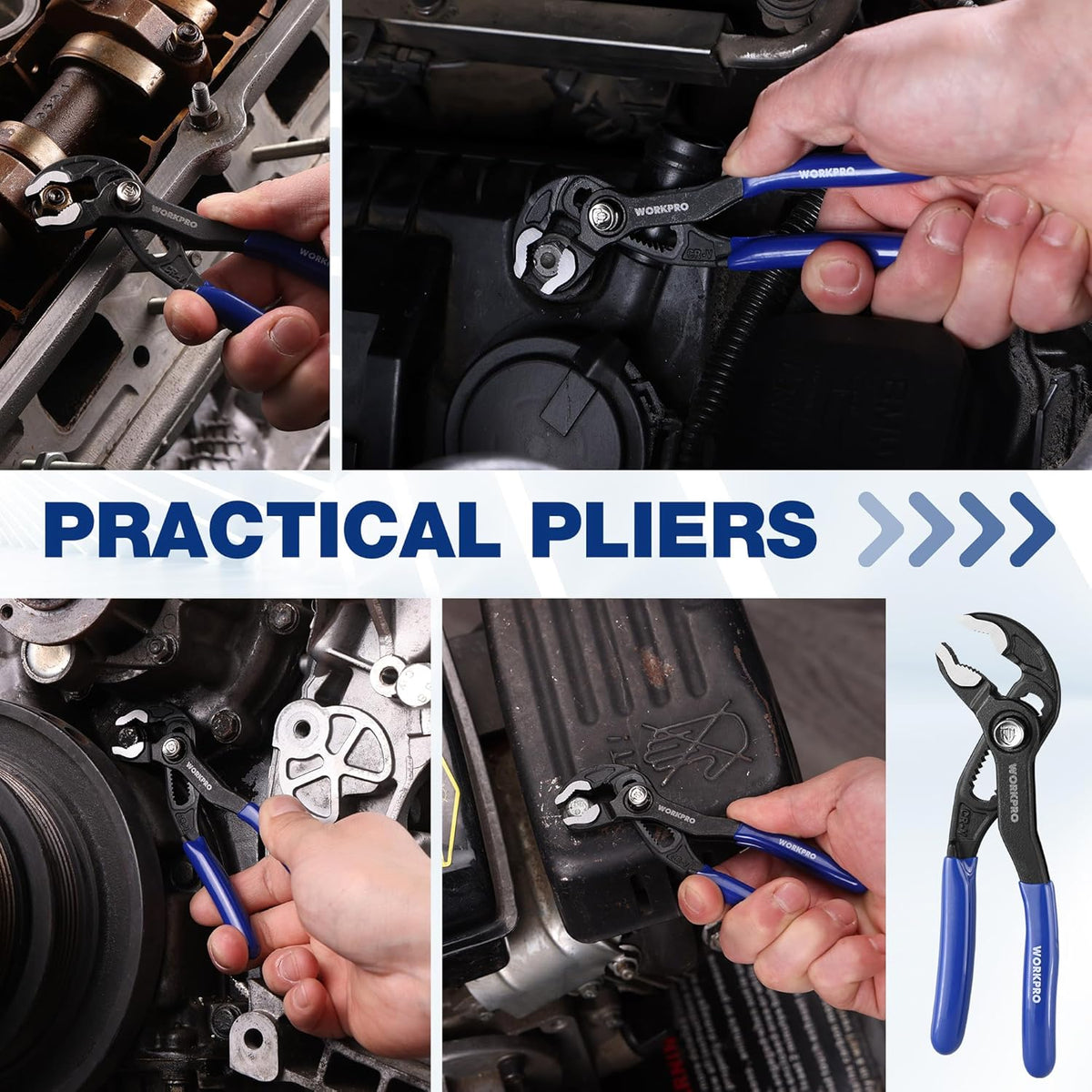 Water pump pliers with blue handle used near engine components in a vehicle bay