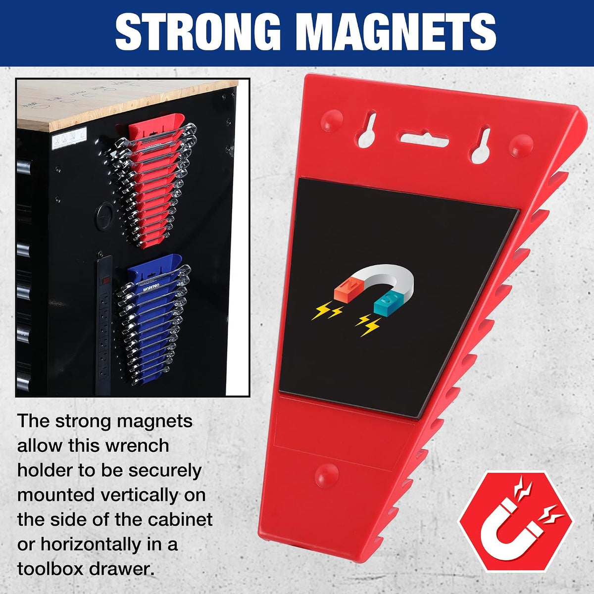 Red magnetic wrench holder with strong magnet for vertical or horizontal mounting