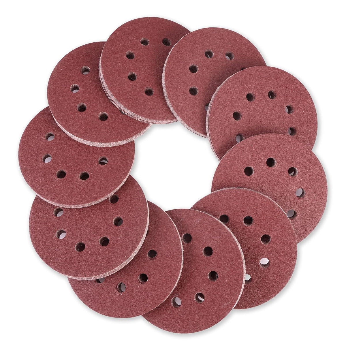 Set of 5-inch hook-and-loop sanding discs with red-brown abrasive and 8 dust holes