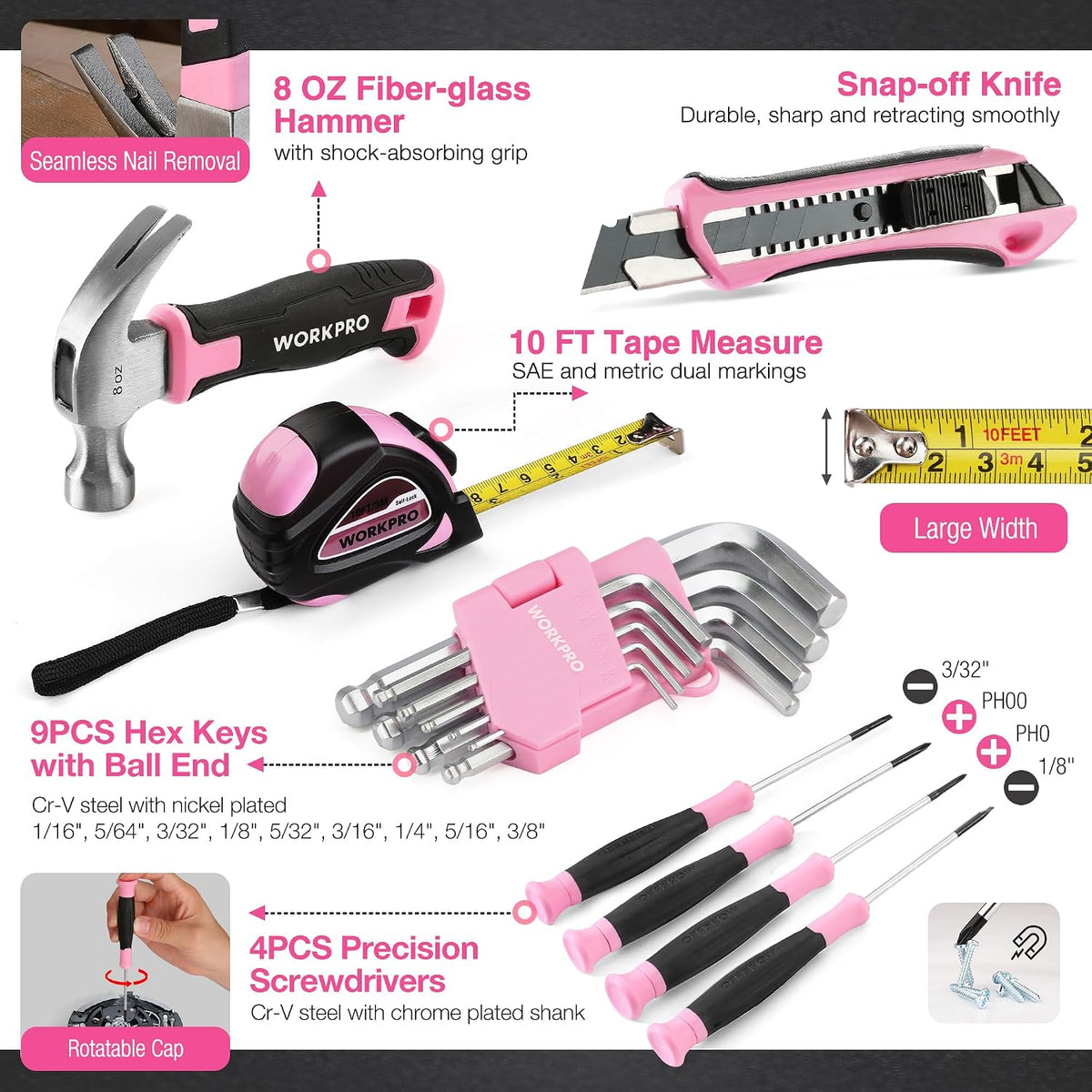 WORKPRO 43-Piece Cordless 8V Drill Driver Home Tool Set with Stackable Tool Box in pink with innovation, quality