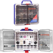 Rotary tool accessory kit in clear case with assorted bits and sanding tools