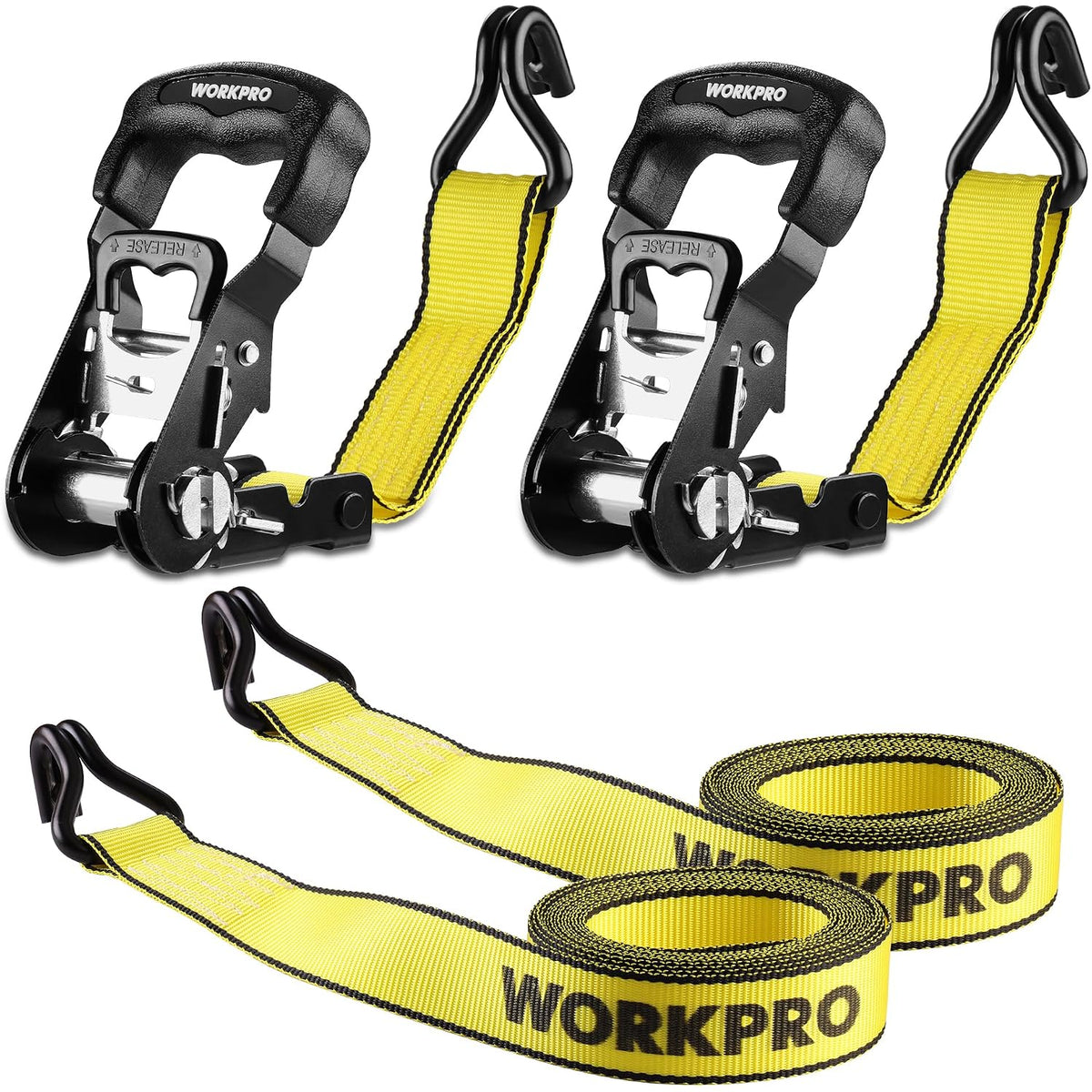 Pair of WORKPRO ratchet tie downs with yellow straps, black ratchets, and J-hooks