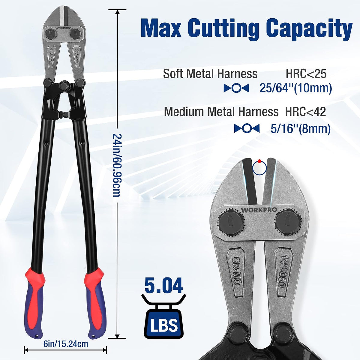 Workpro 24 inch bolt cutter with black handles and red and blue rubber grips for cutting soft metal up to 10 mm.