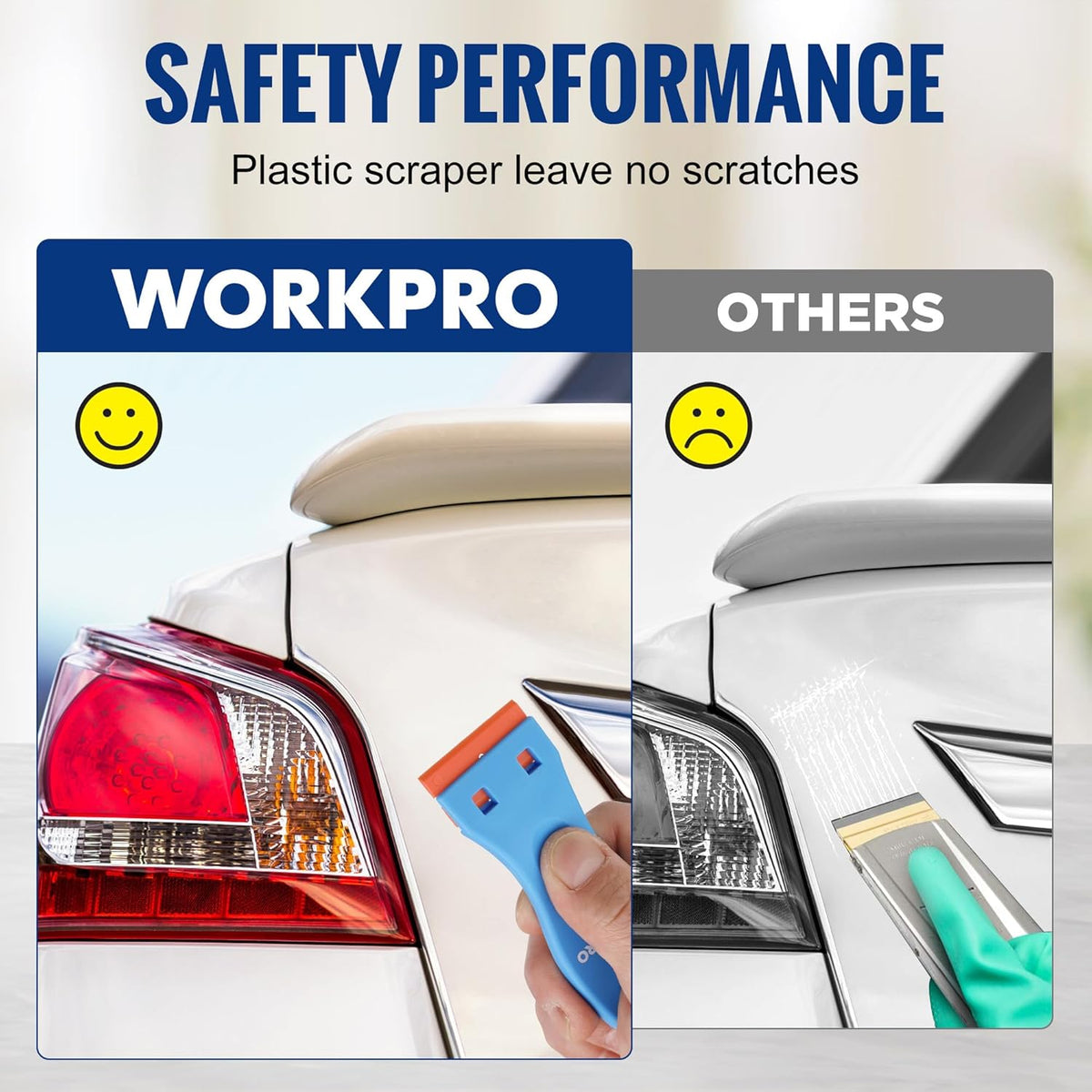 Blue plastic razor blade scraper shown for safe, scratch-minimizing scraping