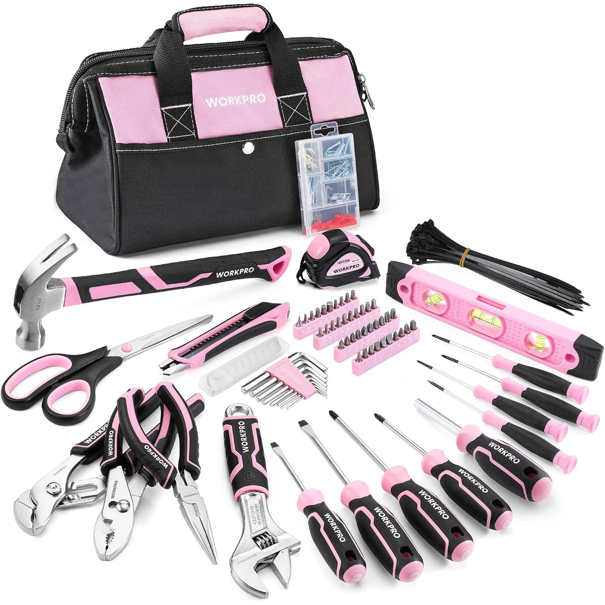 Pink and black WORKPRO tool bag with assorted hand tools and screwdriver bits