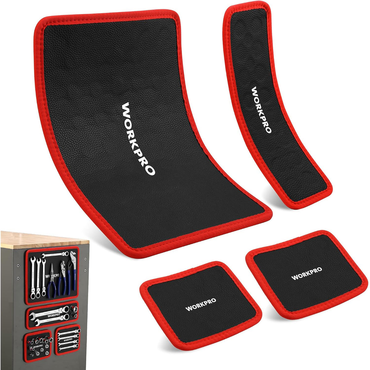 WORKPRO magnetic tool mat set: four black pads with red trim, WORKPRO logos
