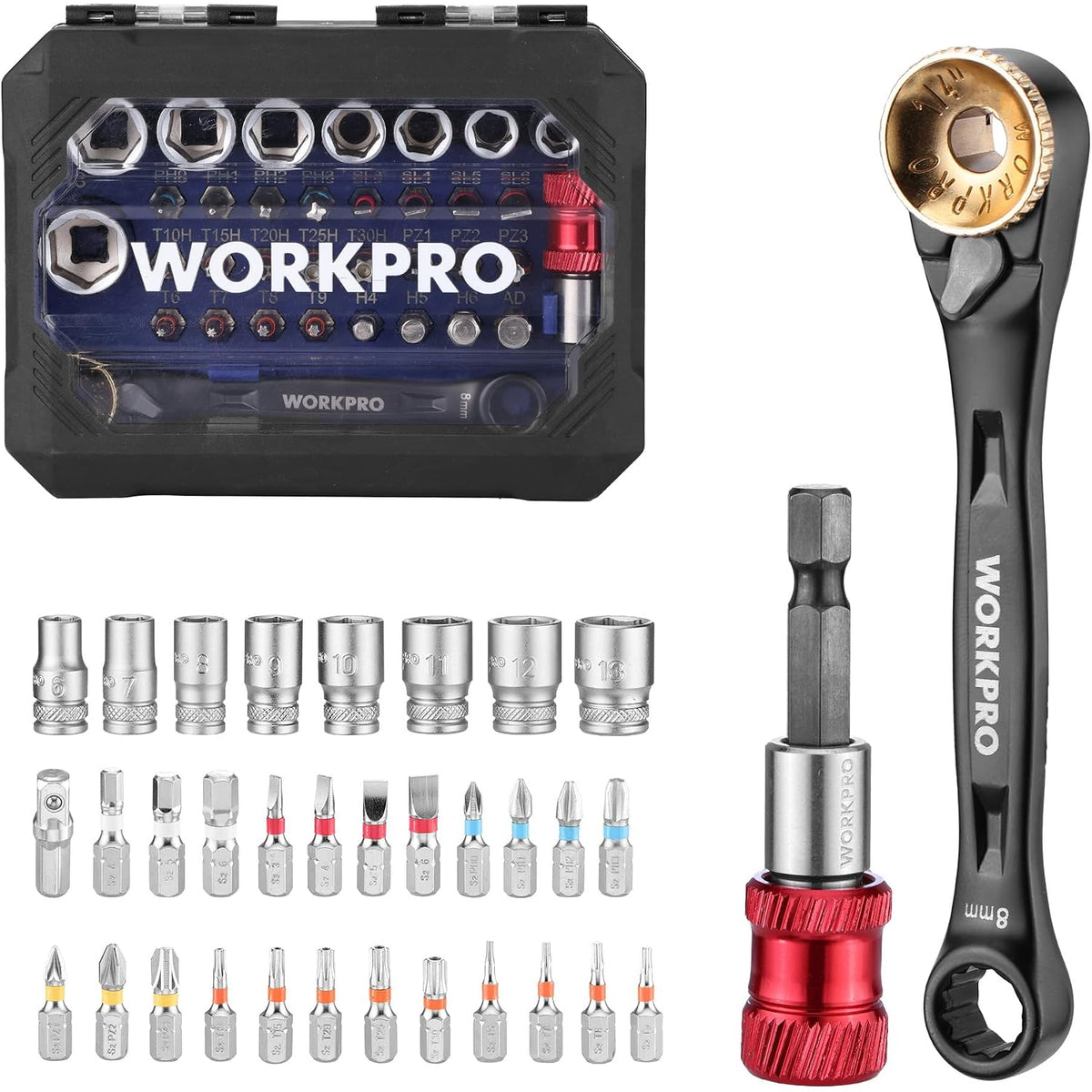 WORKPRO mini ratchet tool set with 1/4 in sockets, bits, and carrying case