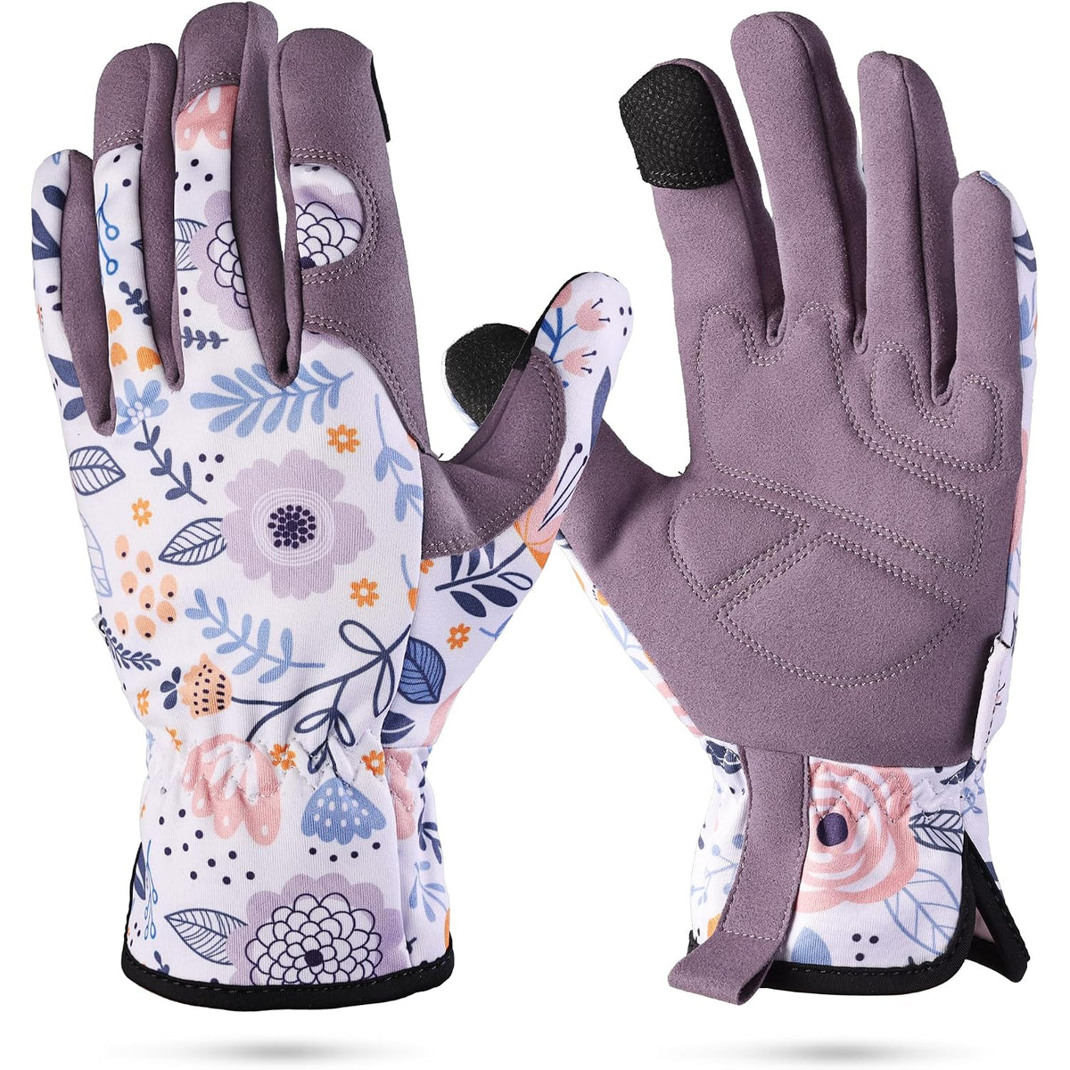 Pair of floral garden gloves with mauve protective palm and touchscreen-ready tips