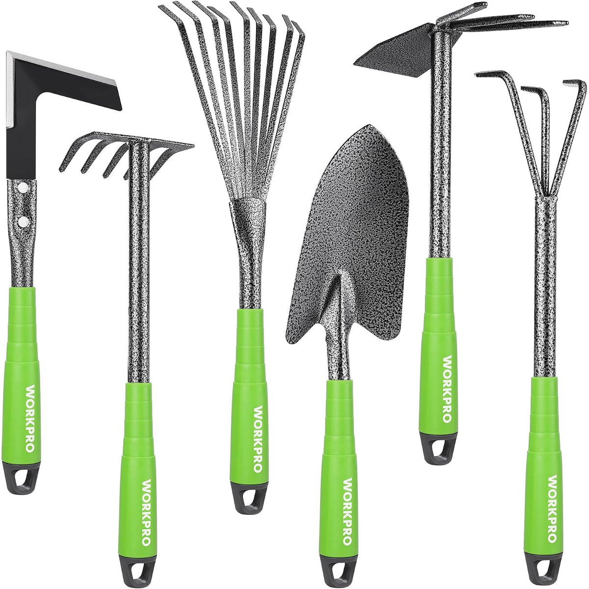 6-piece garden tool set with green handles and textured metal heads