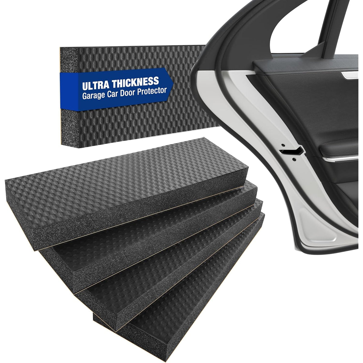 Stacked black garage car door bumper guards with textured mesh and adhesive strip backing