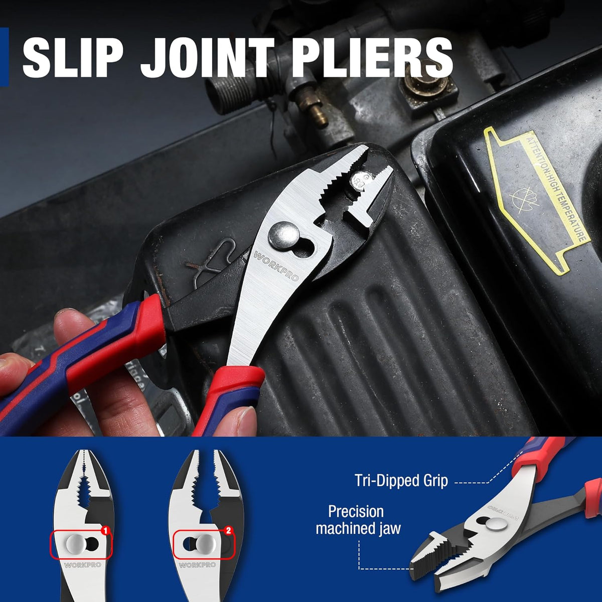 Slip joint pliers in hand with serrated jaws for gripping and tightening