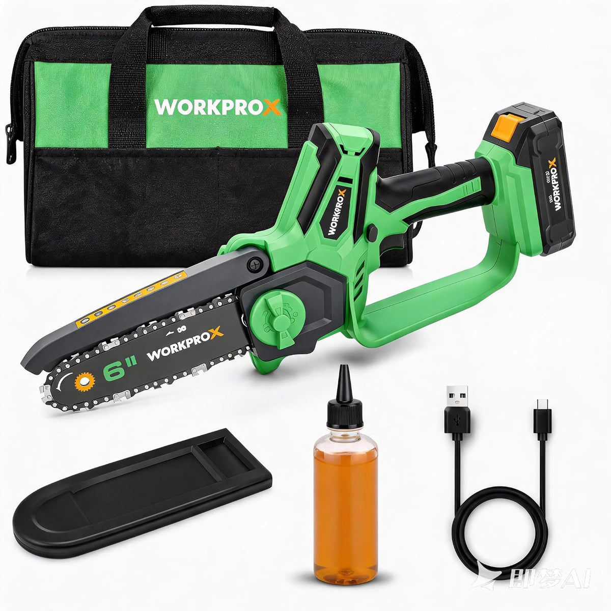 Green cordless mini chainsaw kit with black storage bag, battery, charger, and oil bottle