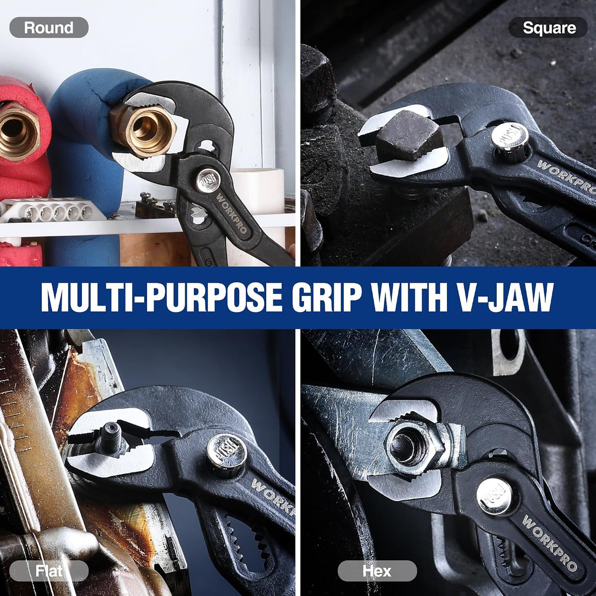 V-jaw groove joint pliers with adjustable jaw for round, square, flat, and hex grips