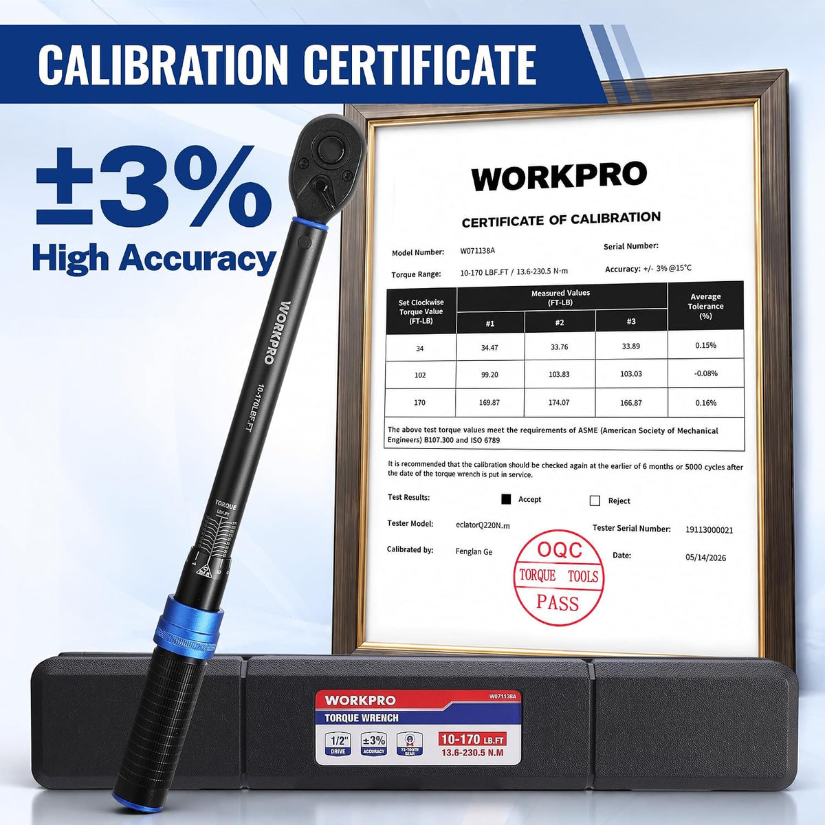 WORKPRO 1/2" Drive Click Torque Wrench, 10-170 ft-lb, ±3% Accuracy
