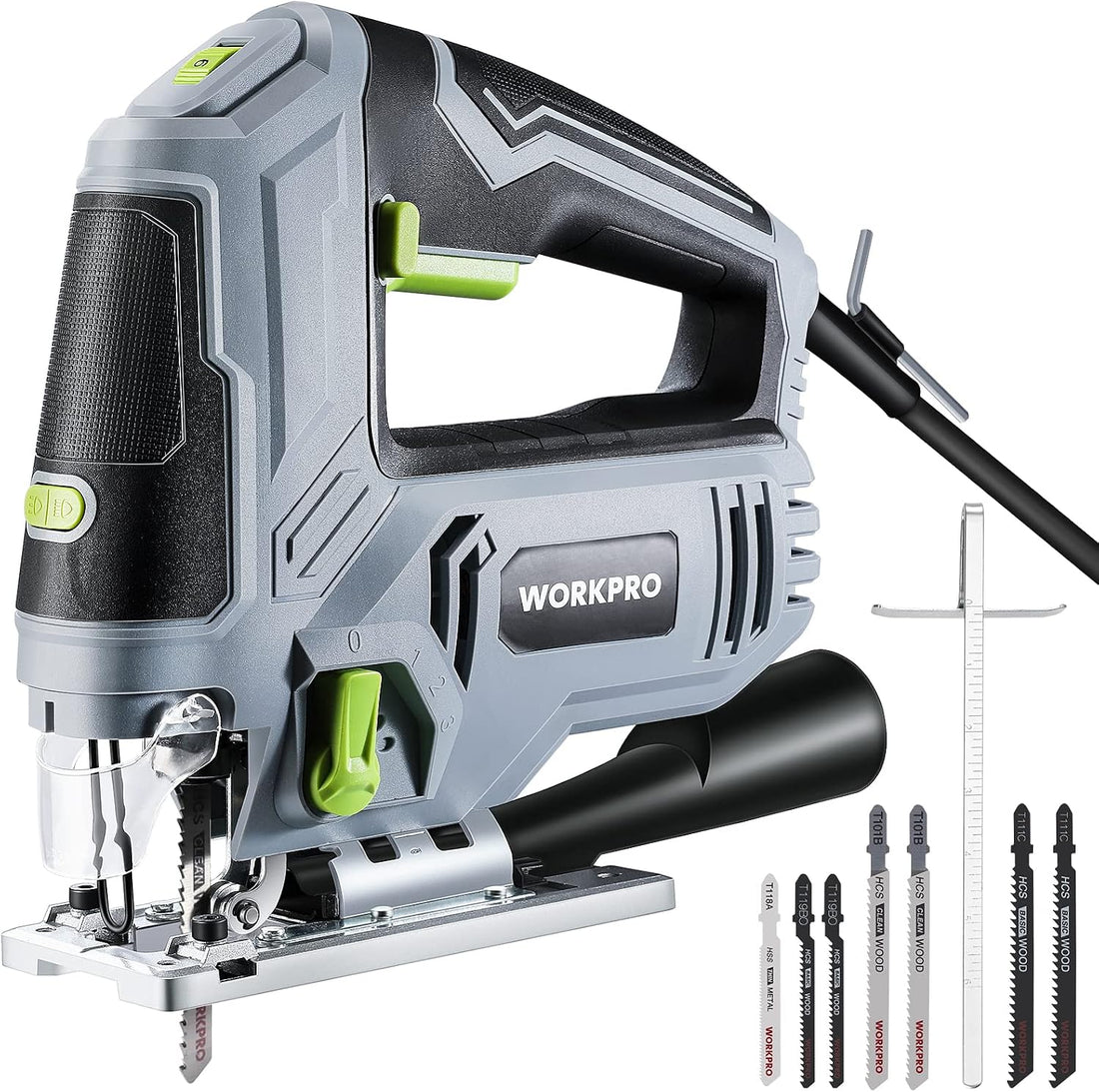 Corded Workpro jigsaw with gray and black housing, green controls, metal base, and assorted blades