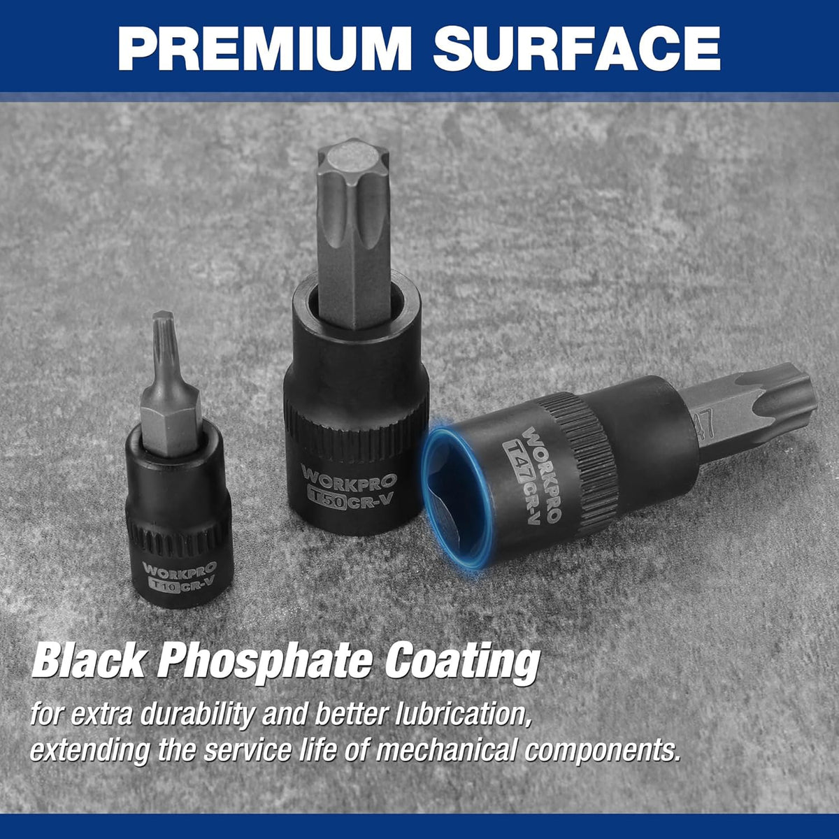 Black torx bit and CR-V socket with blue ring, phosphate coated tips