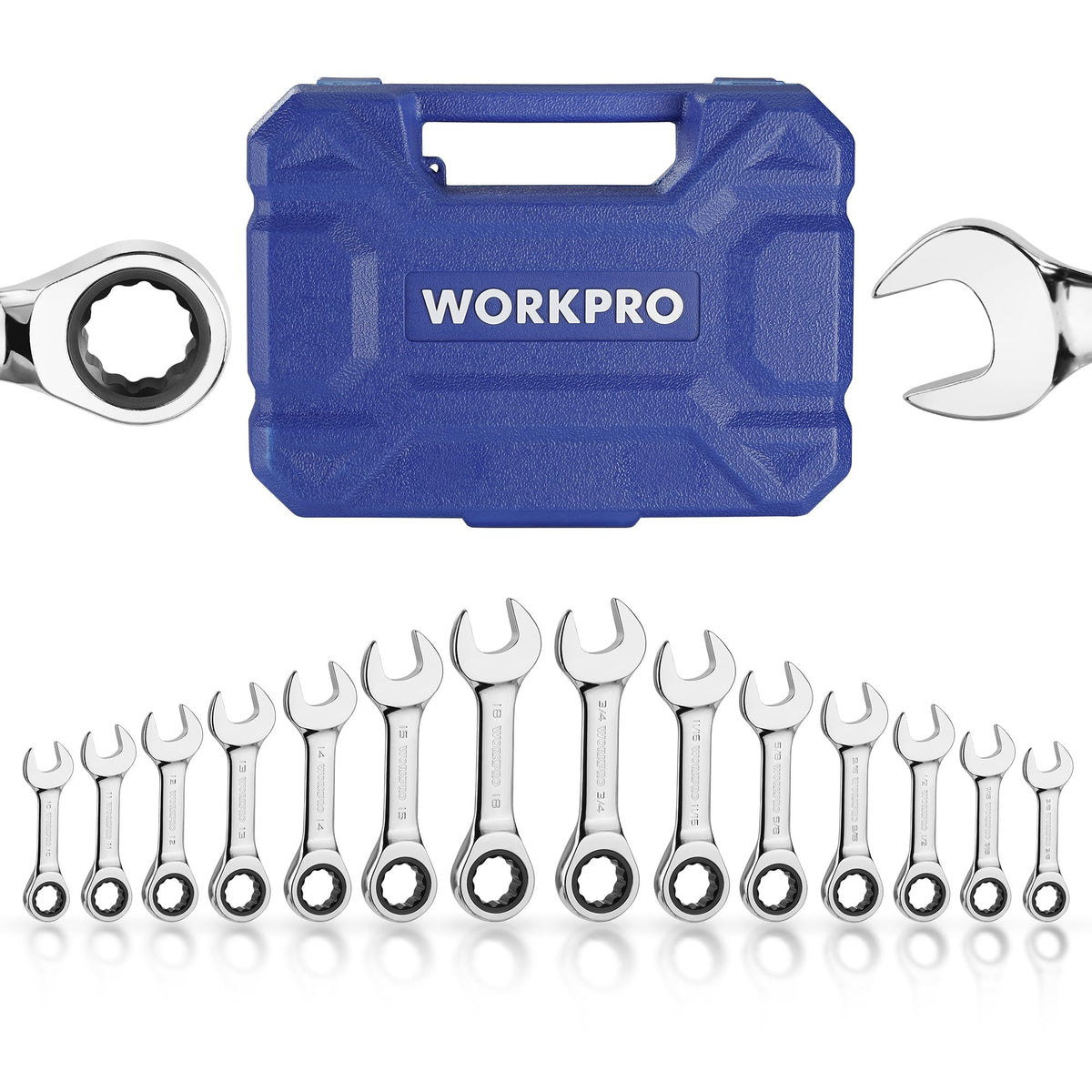 WORKPRO stubby combination wrench set laid out beside a blue storage case