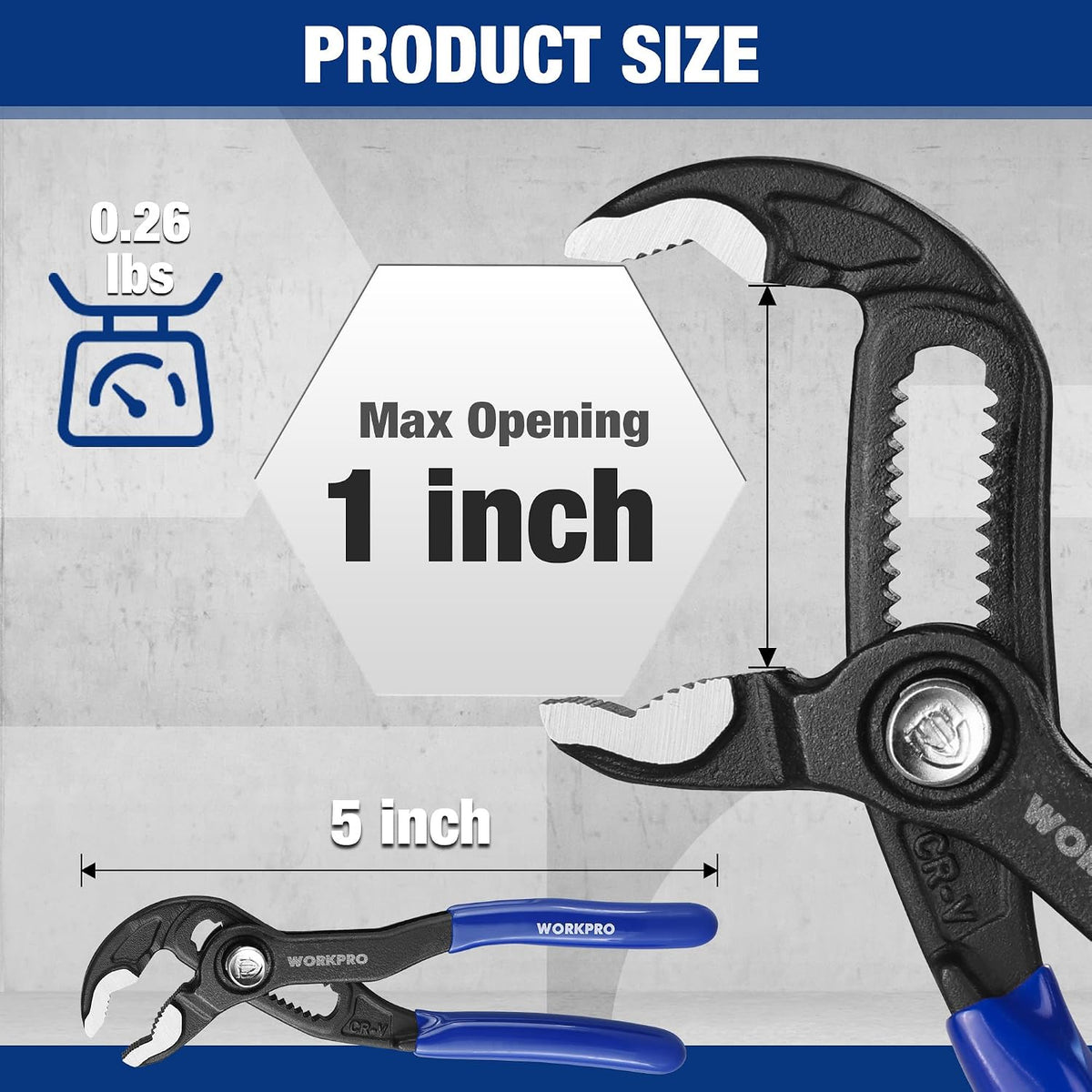 5-inch water pump pliers with black CR-V jaws and blue grips, max opening 1 inch