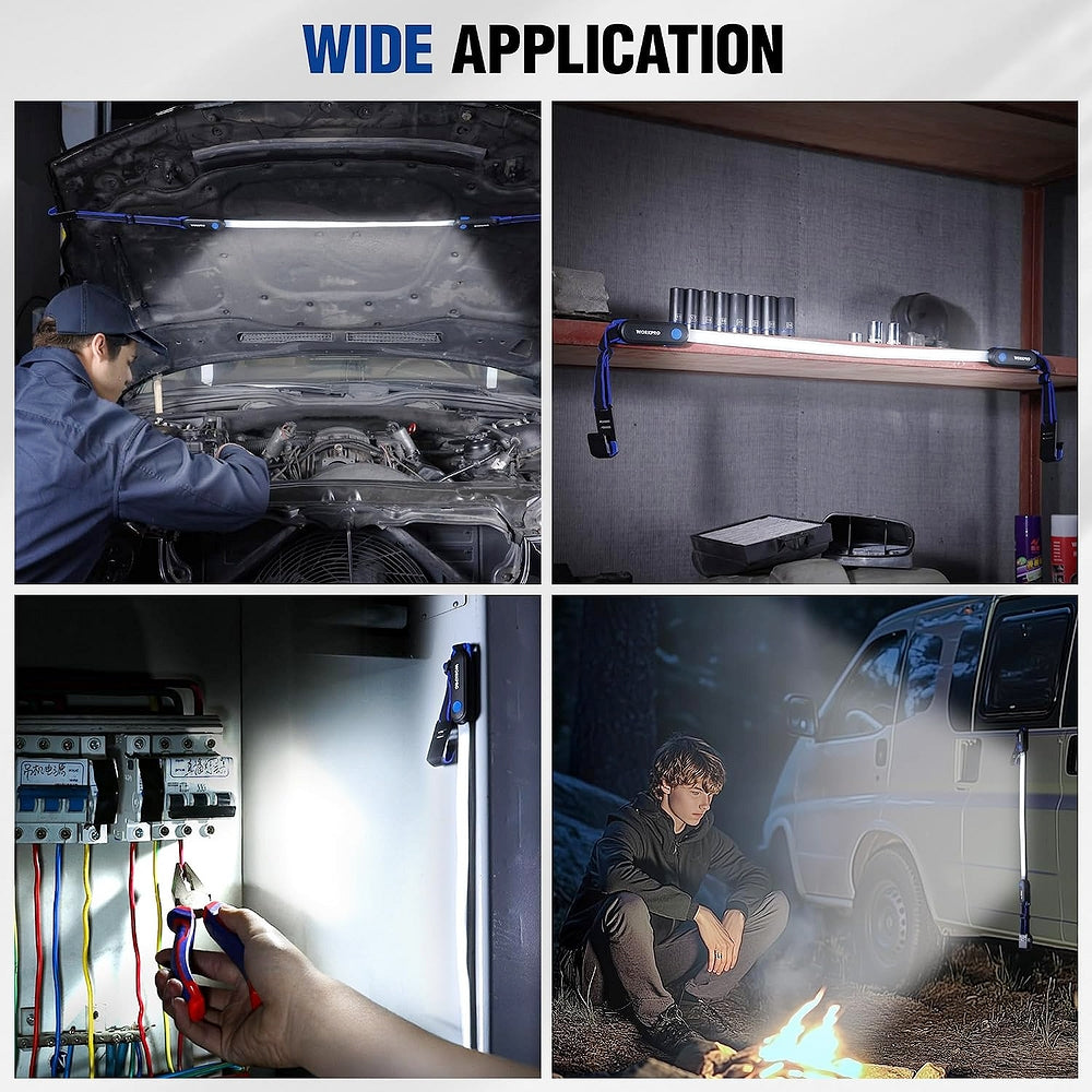 Rechargeable underhood LED work light bar for garage use, shelf lighting, and engine illumination
