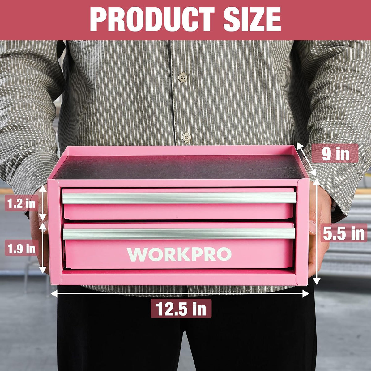 Pink WORKPRO mini tool box with two drawers and white drawer liners