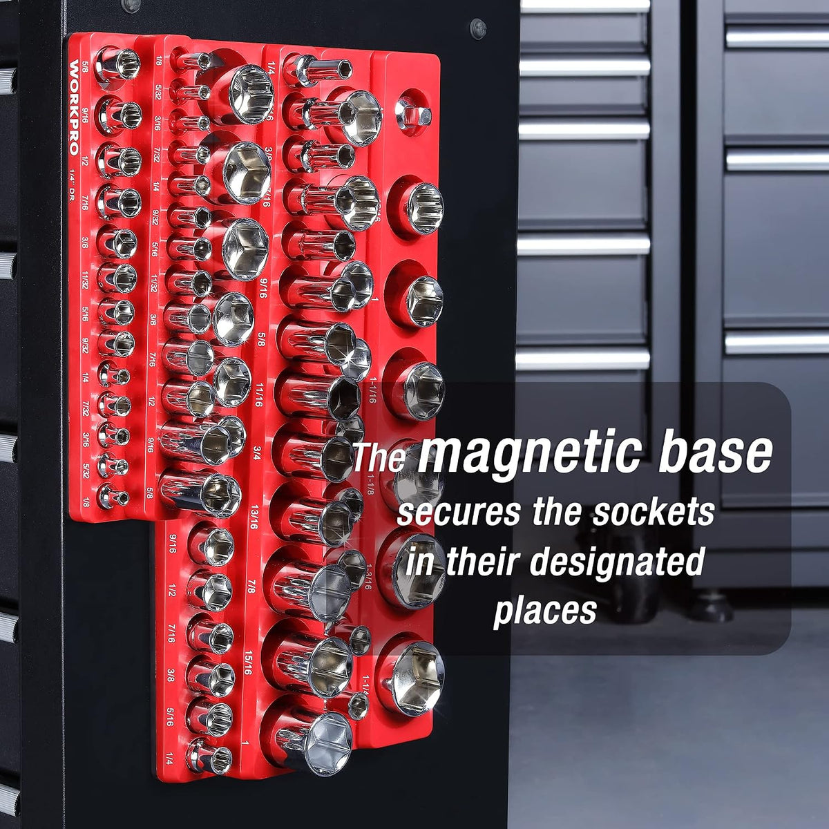 WORKPRO magnetic socket organizer set, red tray with chrome sockets, secure durable quality innovation