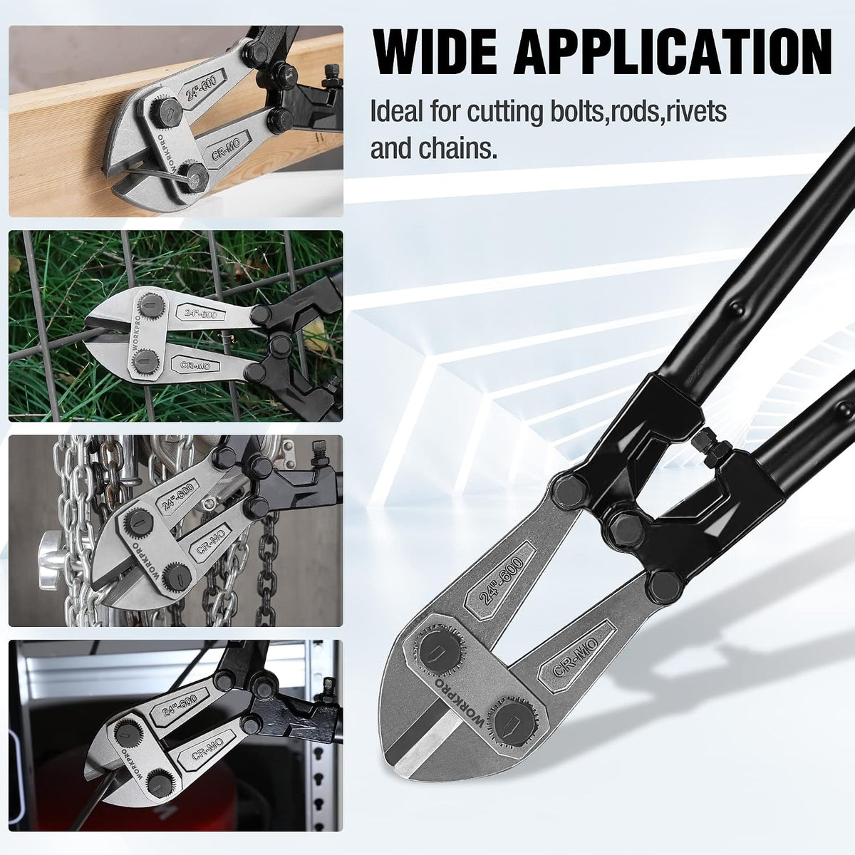 Workpro bolt cutter with bi-material handle and soft rubber grip, black and silver, cuts bolts, rods, rivets and chain