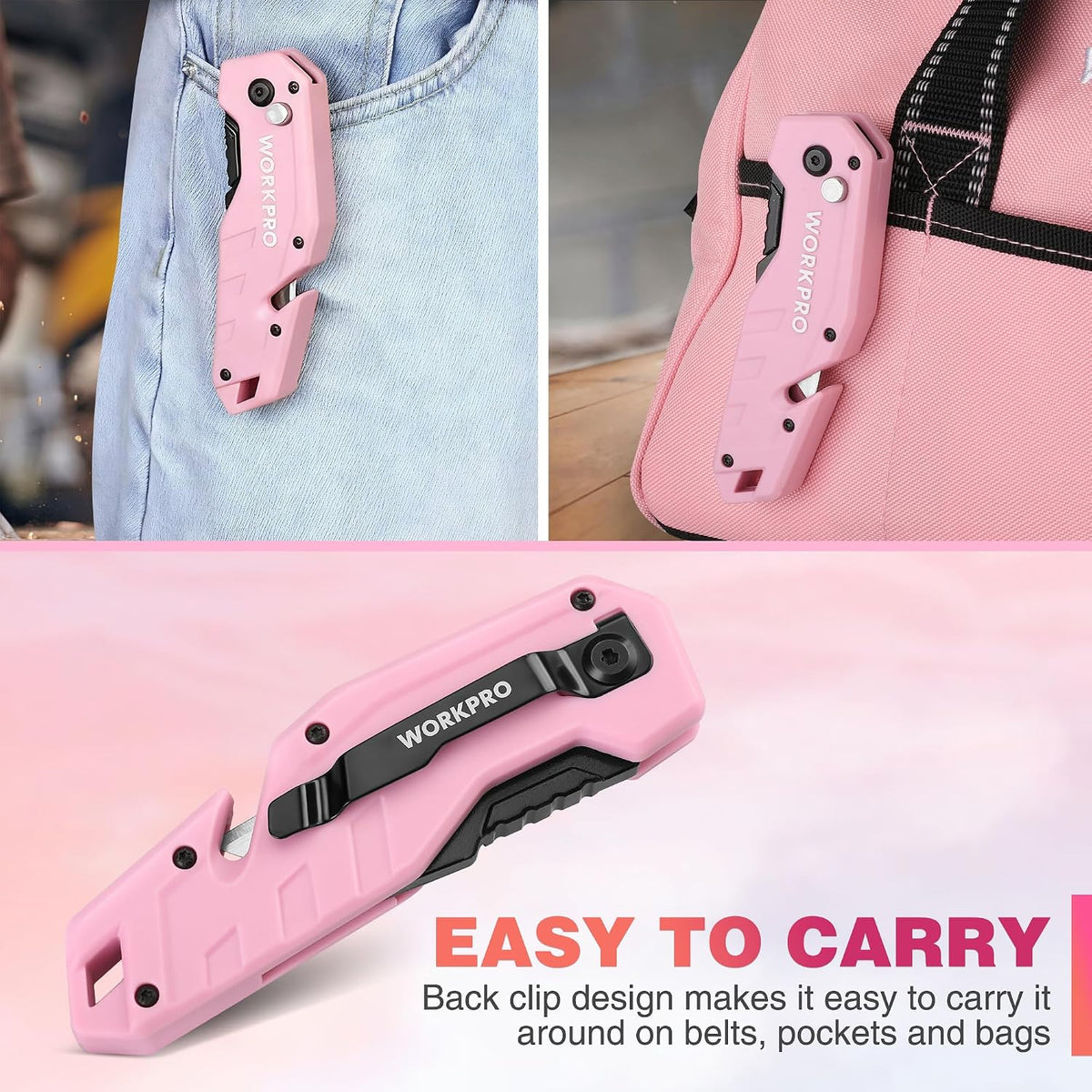 WORKPRO Folding Utility Knife with 10 Extra Blades in pink, innovation quality and durable secure convenience