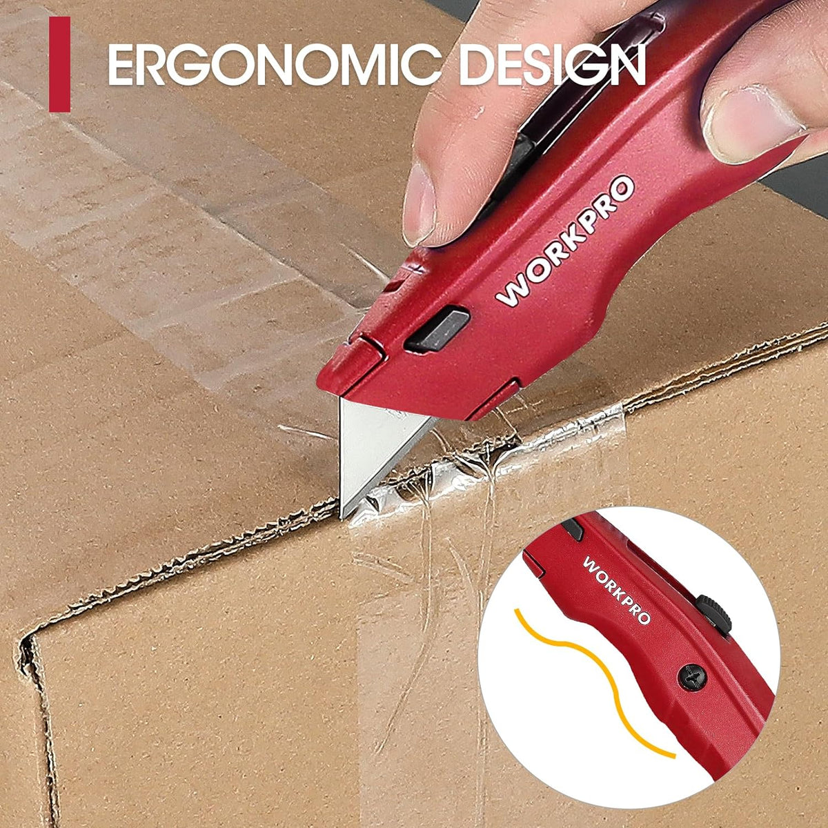 Red retractable utility knife cutting cardboard with partially extended blade
