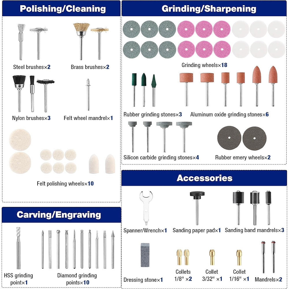 Polishing/cleaning, grinding/sharpening, and carving/engraving accessory assortment
