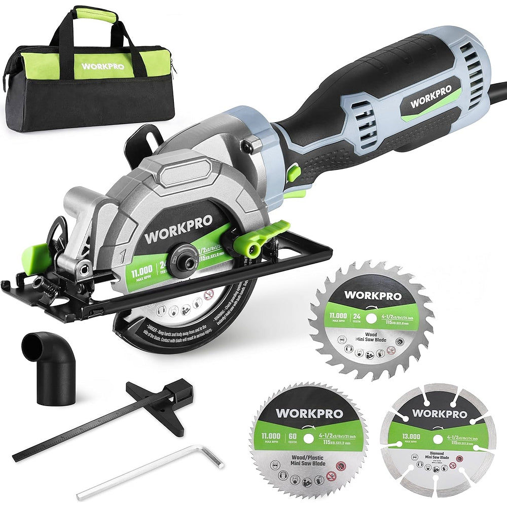 Compact circular saw kit with carrying bag, blades, hex wrench, and side handle
