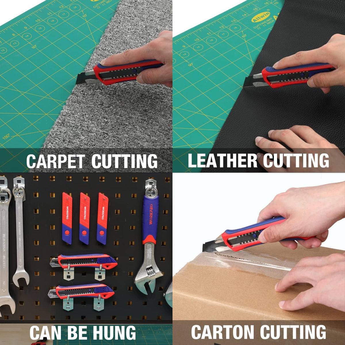 Workpro 18mm snap-off SK5 steel replacement blades shown cutting carpet, leather, and cardboard