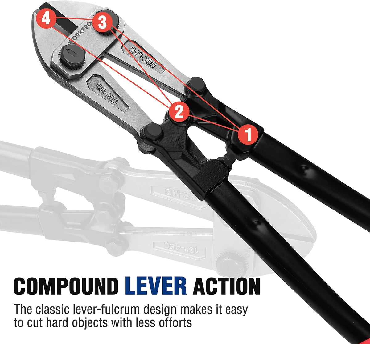 Workpro bolt cutter with black handles and compound lever action for cutting bolts, rods, rivets and chain.