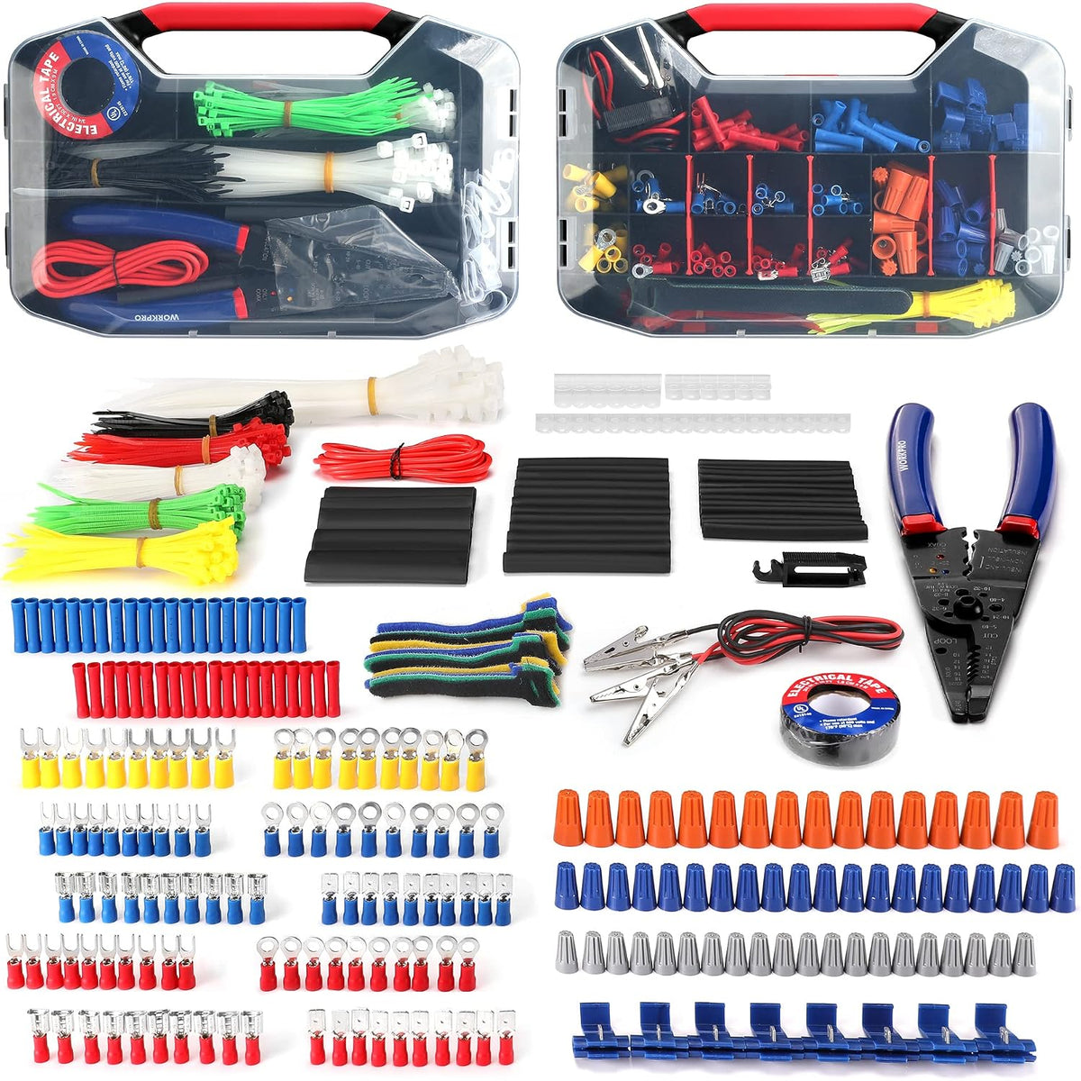 Crimp terminal repair kit accessories laid out, including terminals, wire leads, and tool pieces.